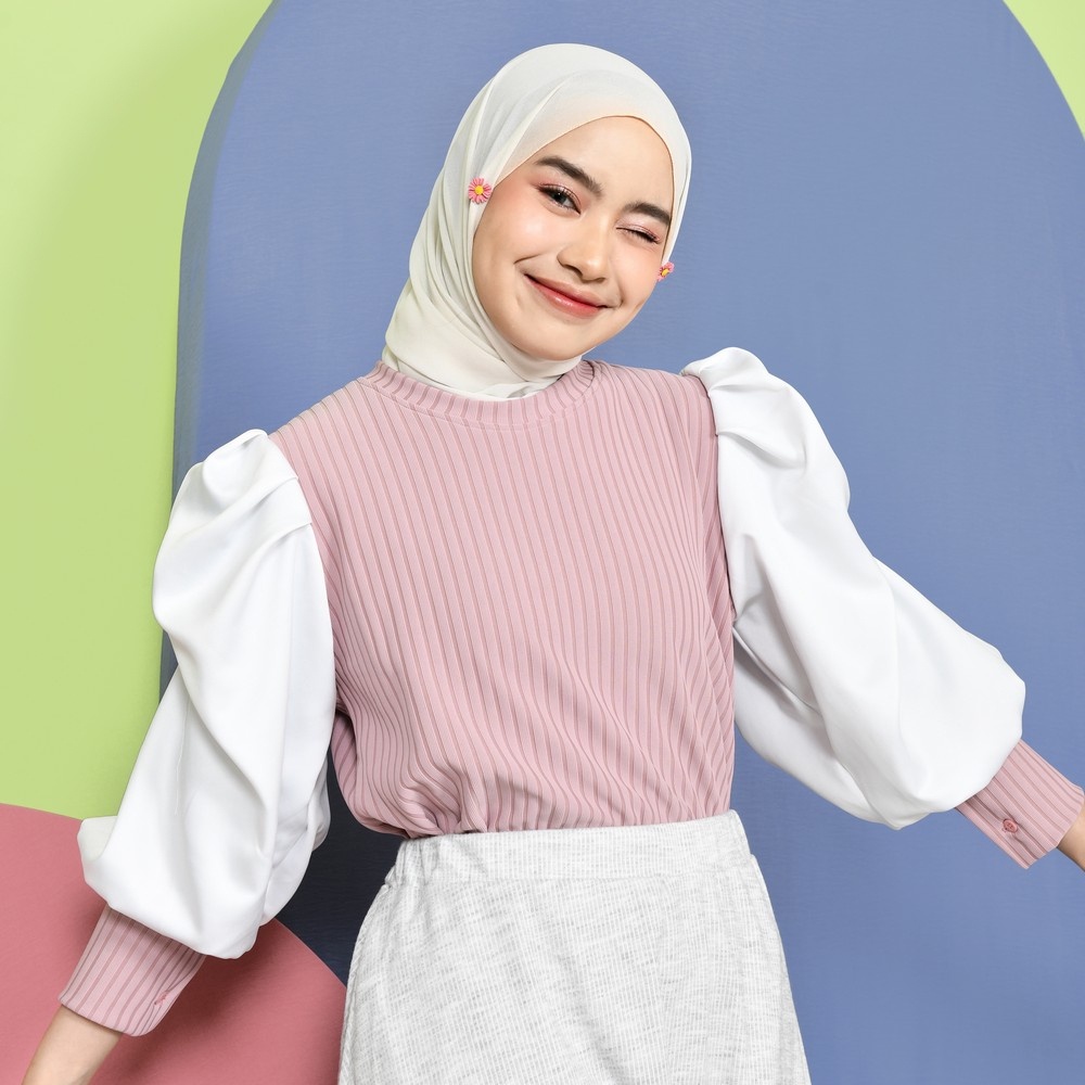 JKFashion - RRX OOTD Atasan Blouse Lengan Balon knit mix Saten / Kellen Top