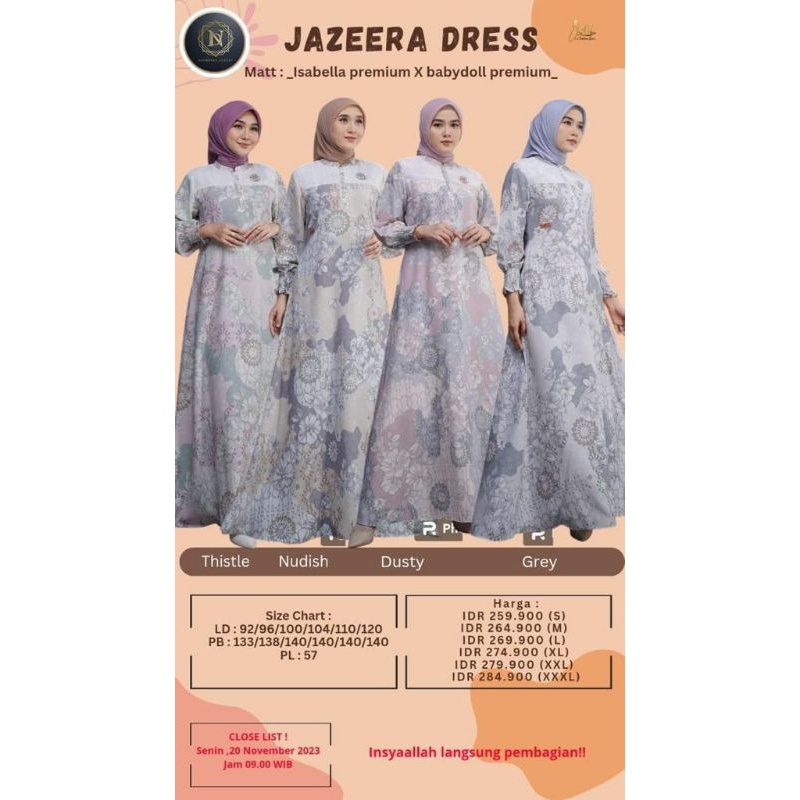 BAJU TERBARU JAZEERA DRESS NADHEERA Dees Mewah busui frendly . cod