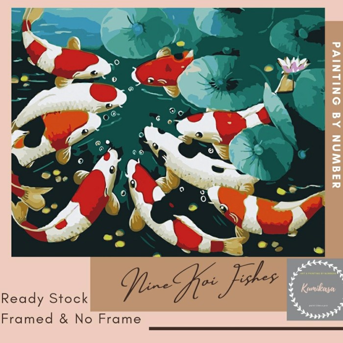 

promosi DIY painting by number 50x40 kerajinan tangan lukisan NINE KOI FISH - Framed