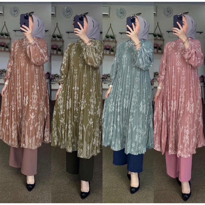 NEW SET LONG PLISKET SILK SONGKET RAYA TERLARIS SETELAN TUNIK WANITA LENGAN PANJANG MIDI KULOT BUSUI