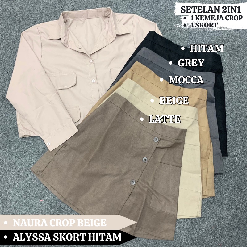 SETELAN ONESET ROK CELANA / MINI SKIRT + KEMEJA CROP SHIRT