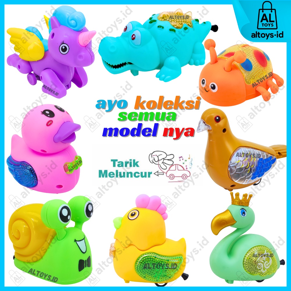 MAINAN ANEKA HEWAN TARIK LAMPU DAN BERJALAN BUAYA / SIPUT / FLAMINGO / MERPATI / BEBEK / AYAM / KUDA