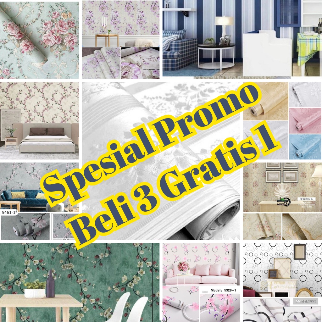 Beli 3 Gratis 1 / COD Bayar Ditempat / Terlaris Wallpaper Sticker Dinding Motif Polos Salur Bunga Batik Kembang Daun Putih | Krem | Ungu | Abu | Pink | Navy | Hijau | Cream | Biru | Coklat | Kuning | Merah Hitam kayu Batu Bata 3D Aesthetic