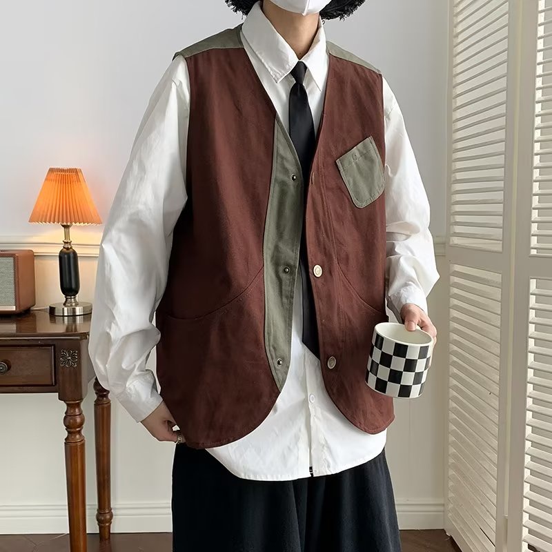 Retro contrasting color workwear vest men's fashion loose V-neck trend sleeveless vest jacket trend