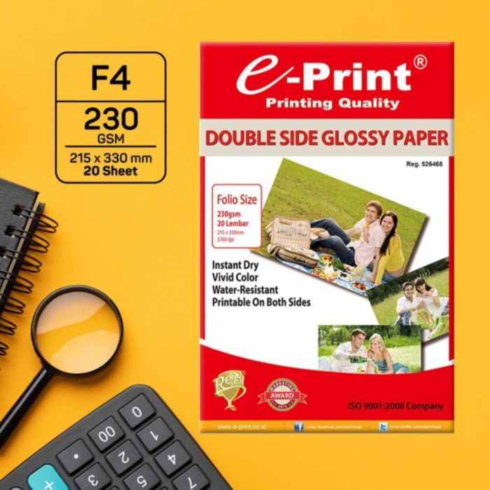 

Kertas Foto E-Print Glossy Double Side Folio (F4) 230gsm 20s