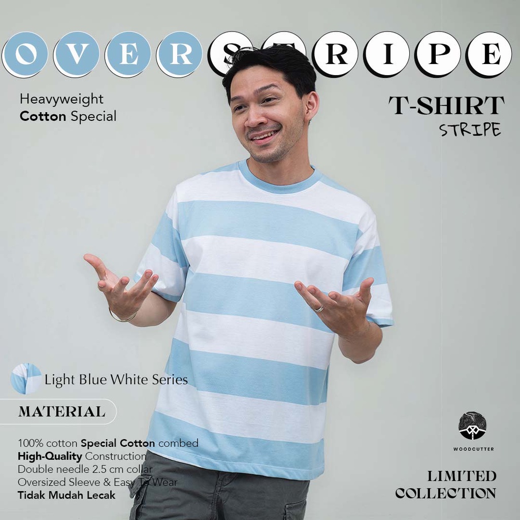 Kaos Polos Pria Garis WOODCUTTER Putih Biru Muda - White Blue Oversize SS T-shirt Lengan Pendek