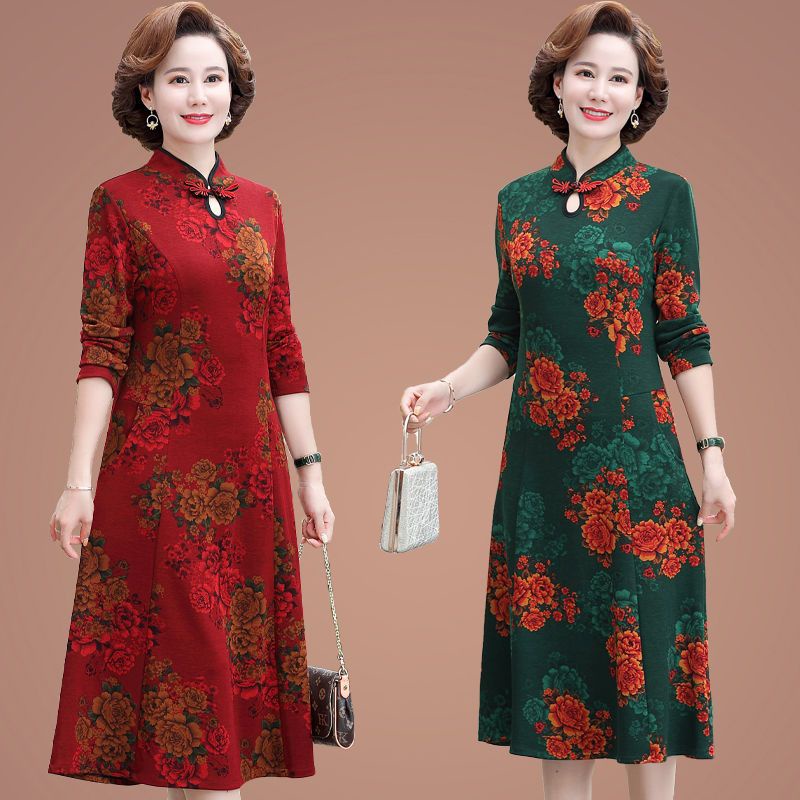 Produk Baru Ibu Setengah Baya Gaun Musim Gugur Rok Chipao Panjang Ditingkatkan Di Atas Lutut Rok Wan