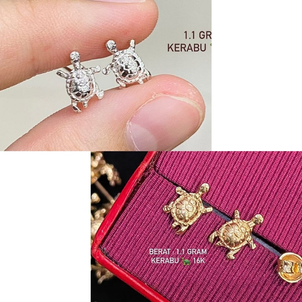 Anting kura2 anak dan dewasa emas asli kadar 70 16k 75 17k kura-kura paku duduk stud whitegold kerab