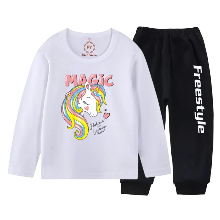 Baju Kaos Setelan Lengan Panjang Anak Perempuan Motif Pony Magic Ungu - Putih, size 2