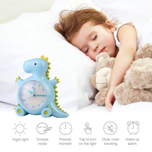 Jam Beker Weker Alarm Meja Karakter Dino Anak Perempuan dan Laki laki - Biru Muda