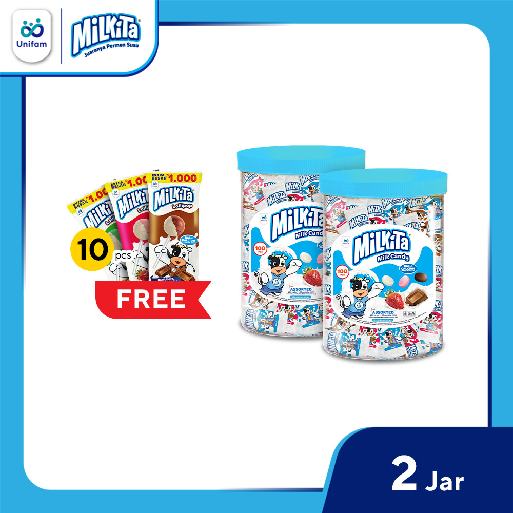 

2 Jar Milkita Permen Susu Toples - (1 Toples Isi 100Pcs) FREE LOLIPOP Milkita 10 Pcs