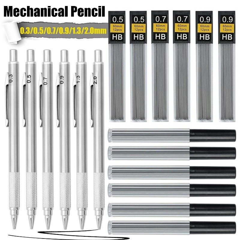 

Metal Mechanical Pencil 0.3/0.5/0.7/0.9/1.3/2.0mm Art Drawing Automatic Pencil Replacement HB Leads Refills Home School Supplies