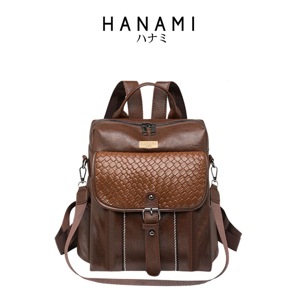 QH HANAMI Tas Ransel Wanita Hideko Cokelat Terbaru Kulit Elegan Simple Remaja Branded Kantor