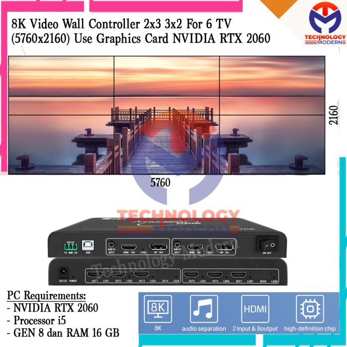 8K HDMI Video Wall Controller 2x3 3x2 For 6 TV (5760x2160) with Audio