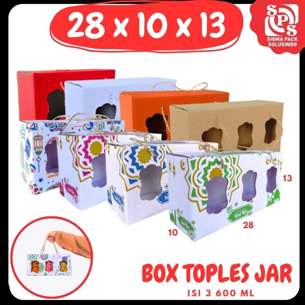 

Box 28x10x13 Jinjing Tali (KUKER TOPLES JAR 600ml Isi 3) Gable Box Toples Tabung Kardus Kue Kering / Idul Fitri /Hampers / Lebaran / Gable Box Polos/Motif MEDIAKIT IDN