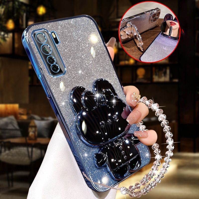 Casing HP Huawei Nova 7 / Nova 7 SE / Nova 7i dengan Tali Kristal + Cermin Rias Lucu Kelinci Dudukan