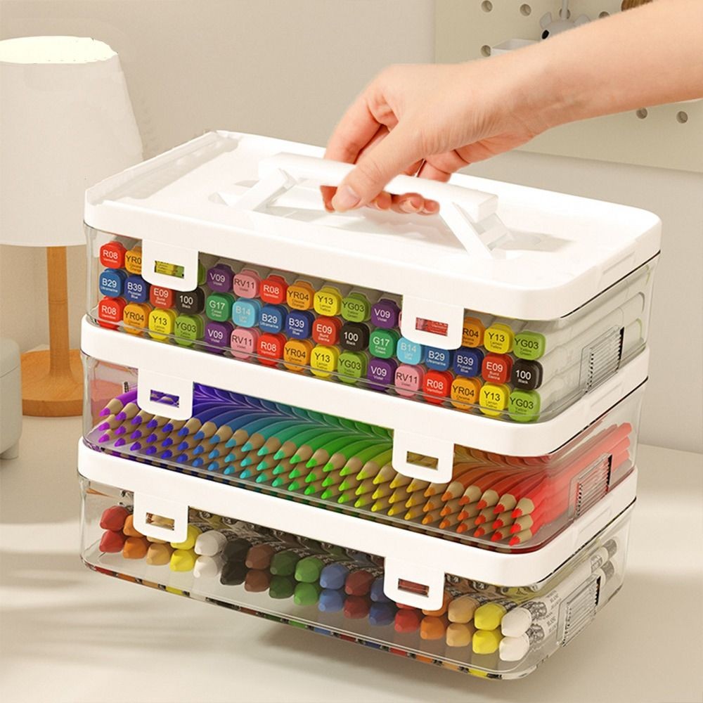 

Large Capacity Art Marker Pen Case With Handle Transparent Desk Storage Box Portable Simple Marker Pen Holder Art Supplies