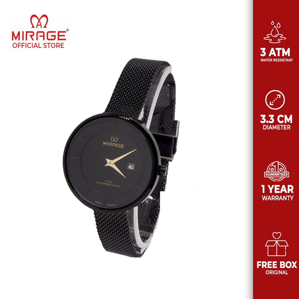 Mirage watch Official Store Jam Tangan Mirage Wanita Full Black Elegan Mewah 8718 L Tipis Tanggal