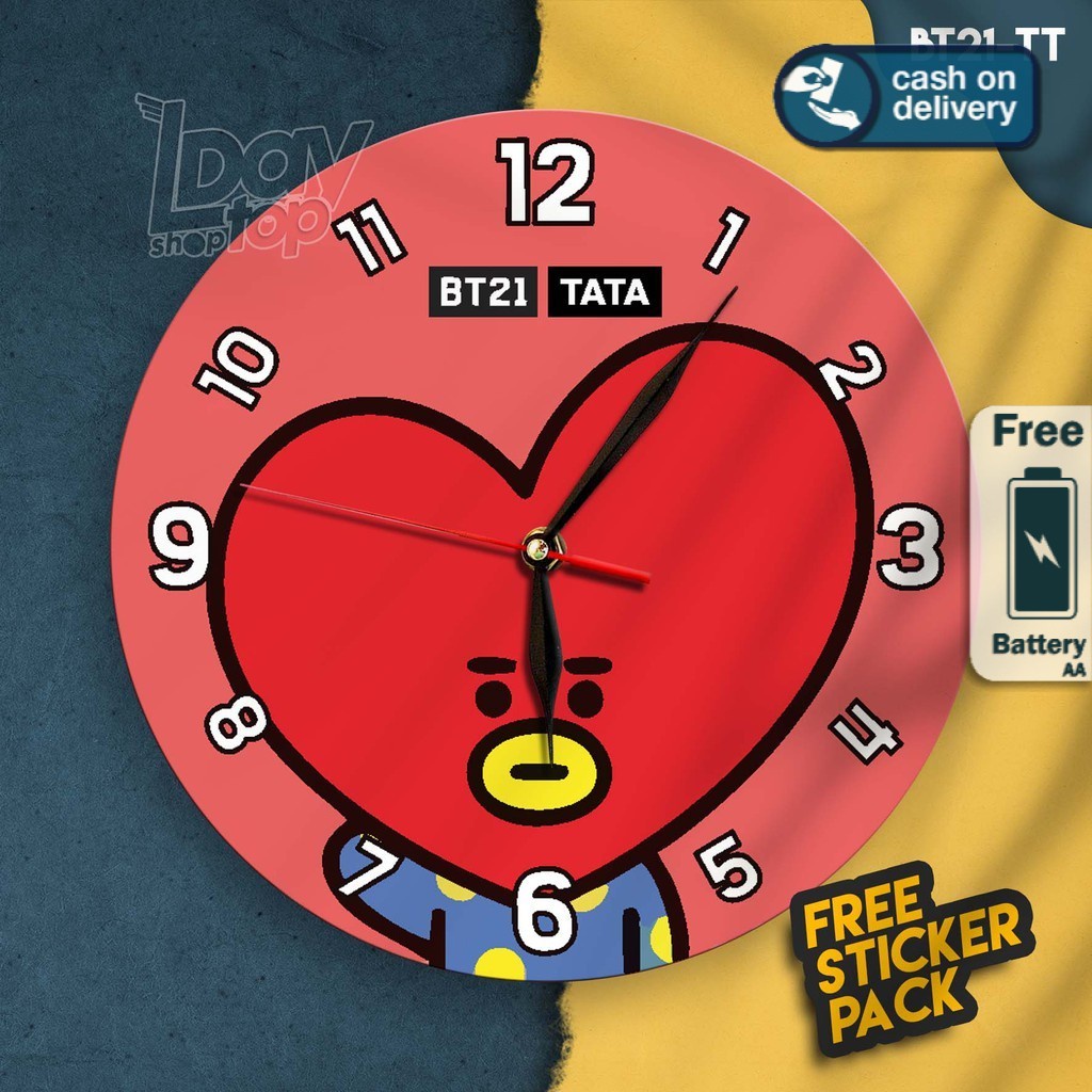 JAM DINDING KAYU UNIK BT21 MERCHANDISE BTS - BT21 TATA - HADIAH ULANG TAHUN - Birthday Gift