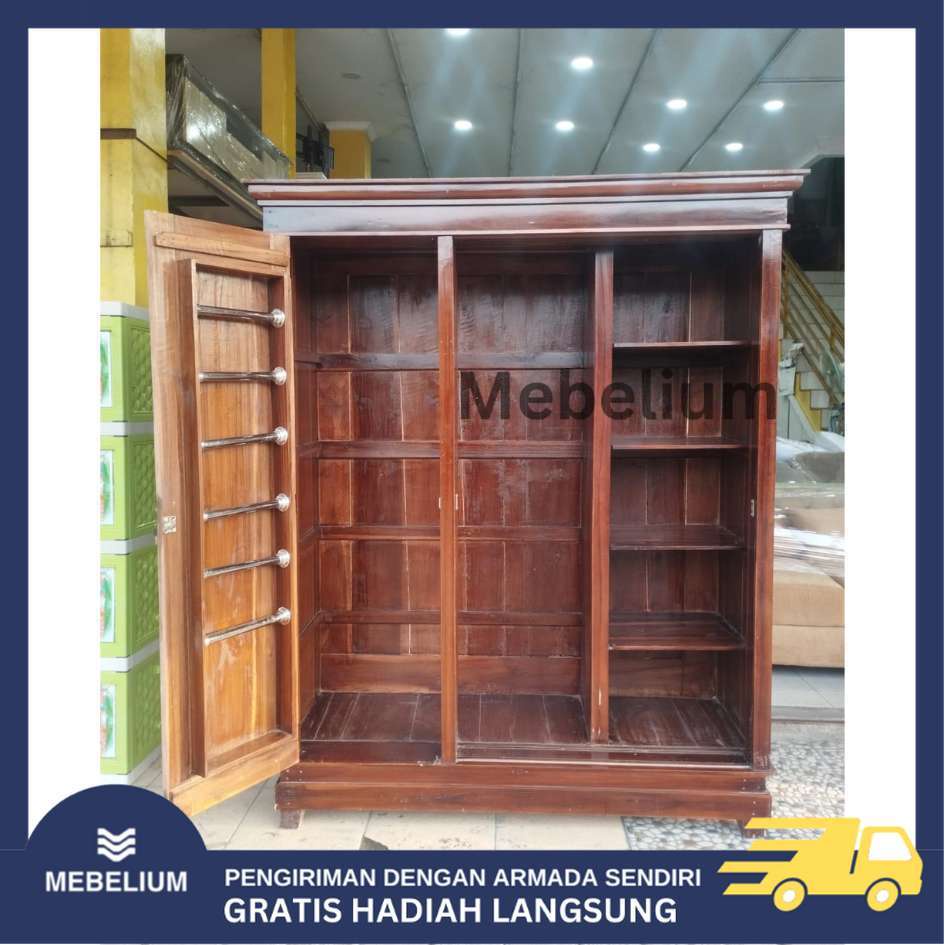 [Jabodetabek] Lemari Pakaian / Baju Sliding Rak Hijab 3 Pintu Bahan Full Kayu Jati Anti Rayap