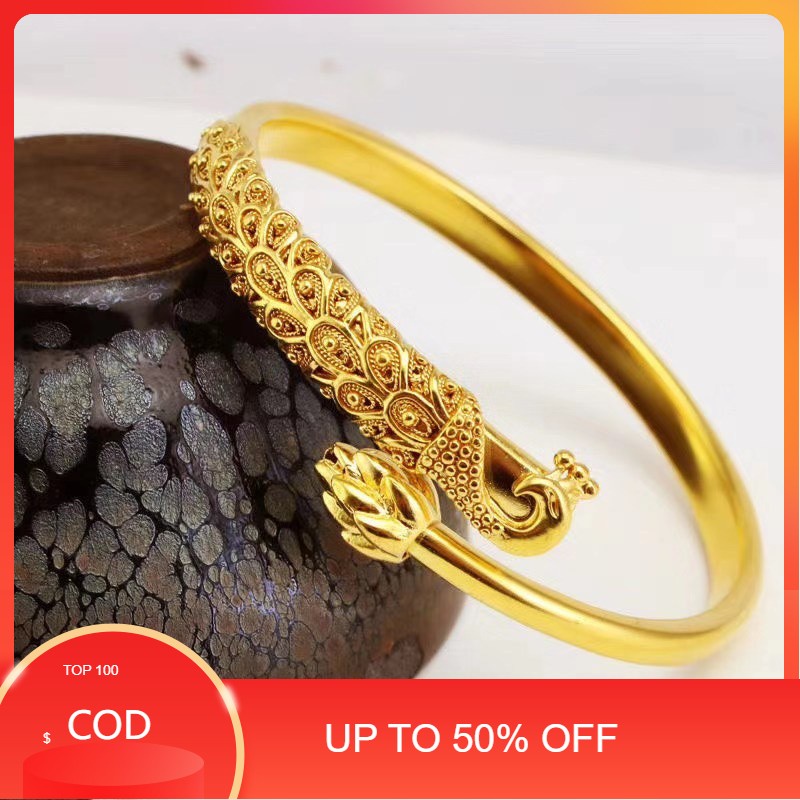 (COD) Hong Kong Bebas Pajak Merak Gelang Emas Asli Fashion Wanita Emas Murni Kekasih Nikah Hadiah Ge