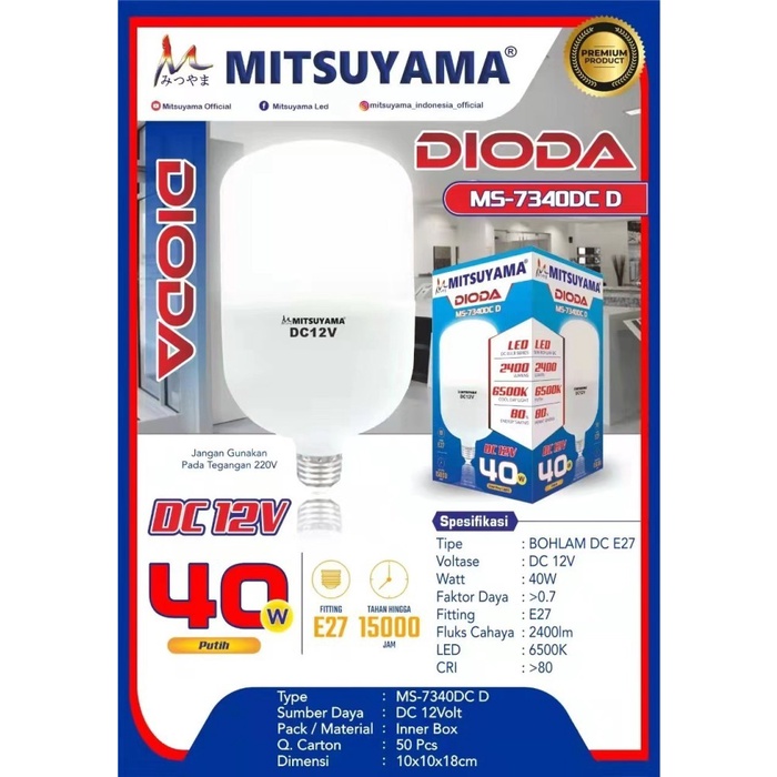 Bohlam Lampu Led Mitsuyama DC 12V 40W 50W E27 Putih seri DIODA
