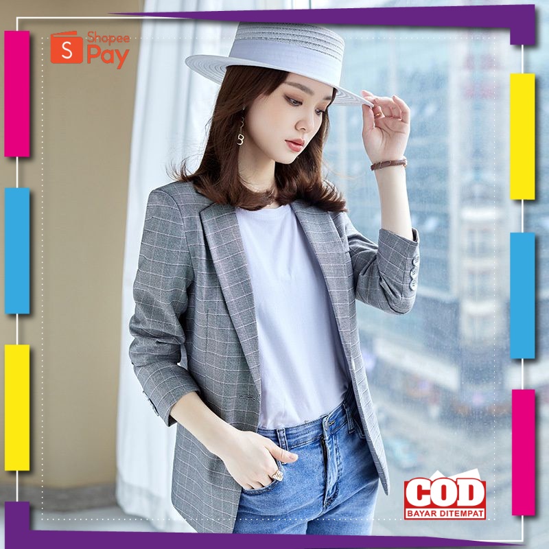 PREMIUM KOREAN STYLE / Jas Blazer Wanita Semi Formal Motif Kotak Style Korea