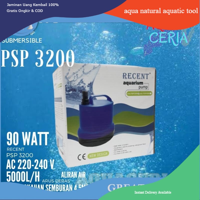 Pompa Celup Air Recent PSP 3200 untuk Aquarium dan Kolam Ikan dengan Daya 90 Watt dan Kapasitas 5000