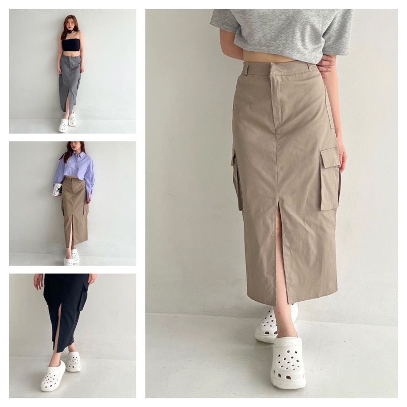 Yuka Rok Belah Cargo Twill Skirt Wanita Korean Style | Rok belah tengah & rok serut Model Kargo skir