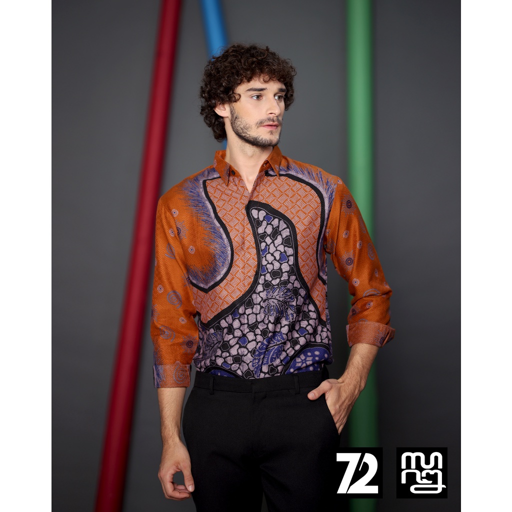 KEMEJA BATIK PRIA LENGAN PANJANG Kemeja Dobby Slimfit Motif Elegant Warna Orange Ungu 724301 Cap 72 