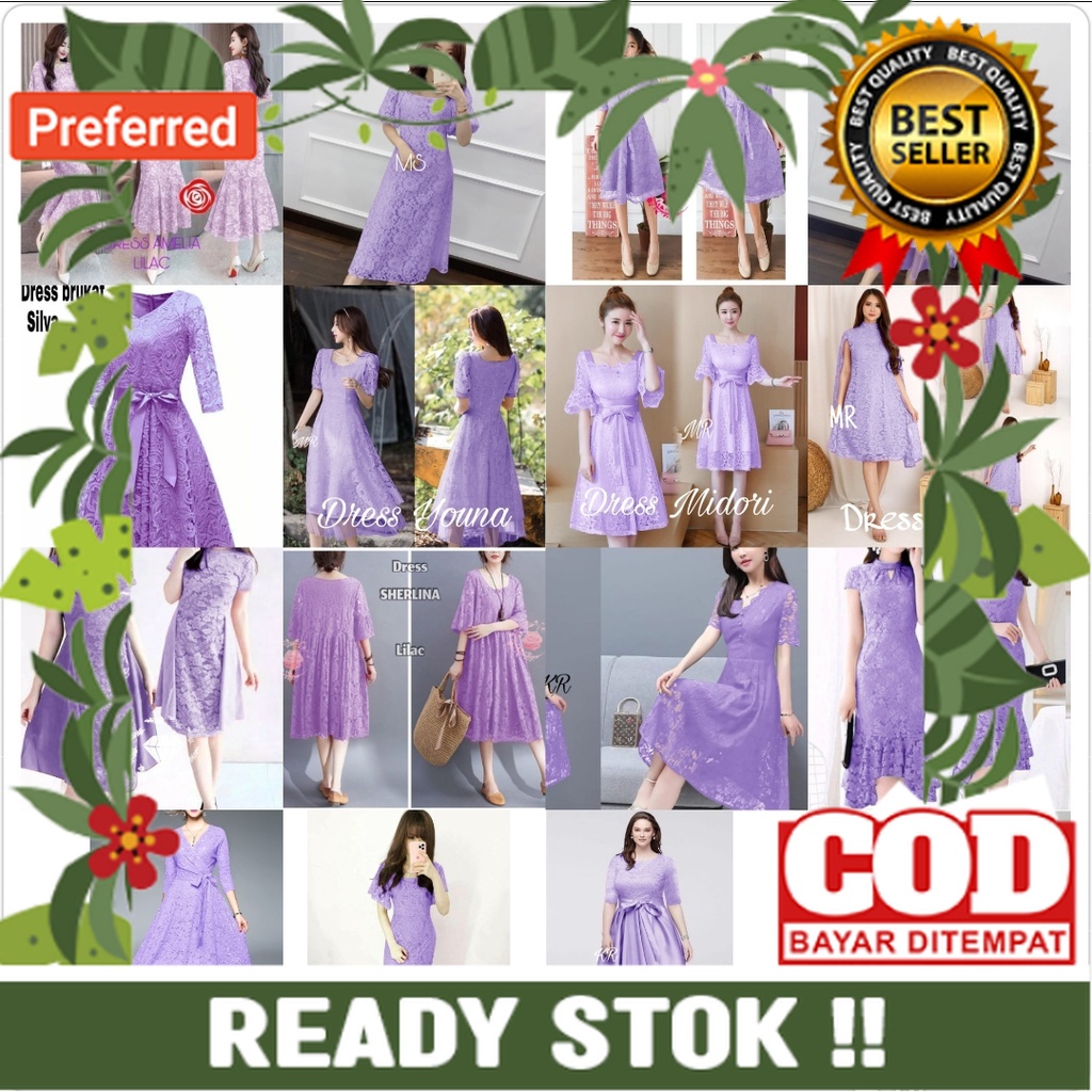 Dress party brukat ungu / Dress Lilac wanita / Dress natal terlaris / Aneka dress brokat warna laven