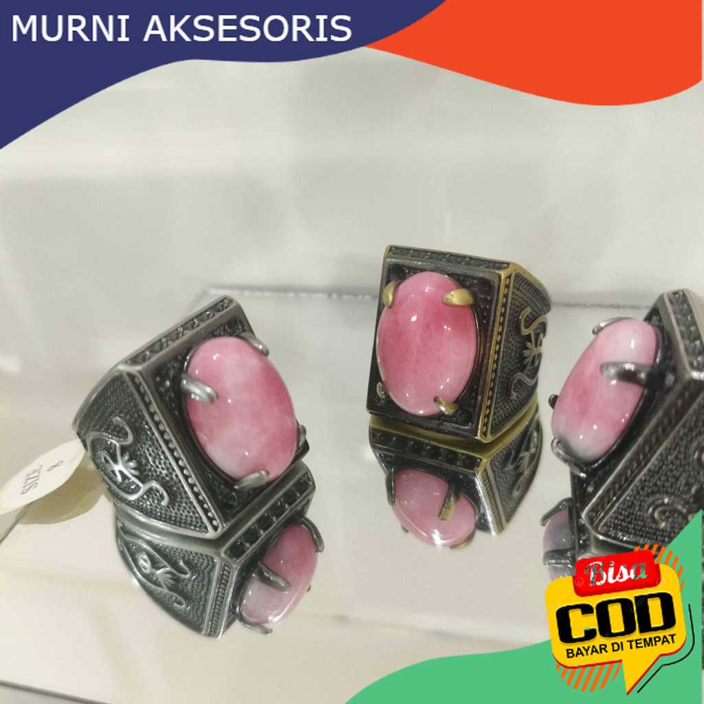 Murni Aksesoris. Cincin Batu Akik Borneo, Warna Pink Motif Cantik dengan Ring model Titanium Hitam