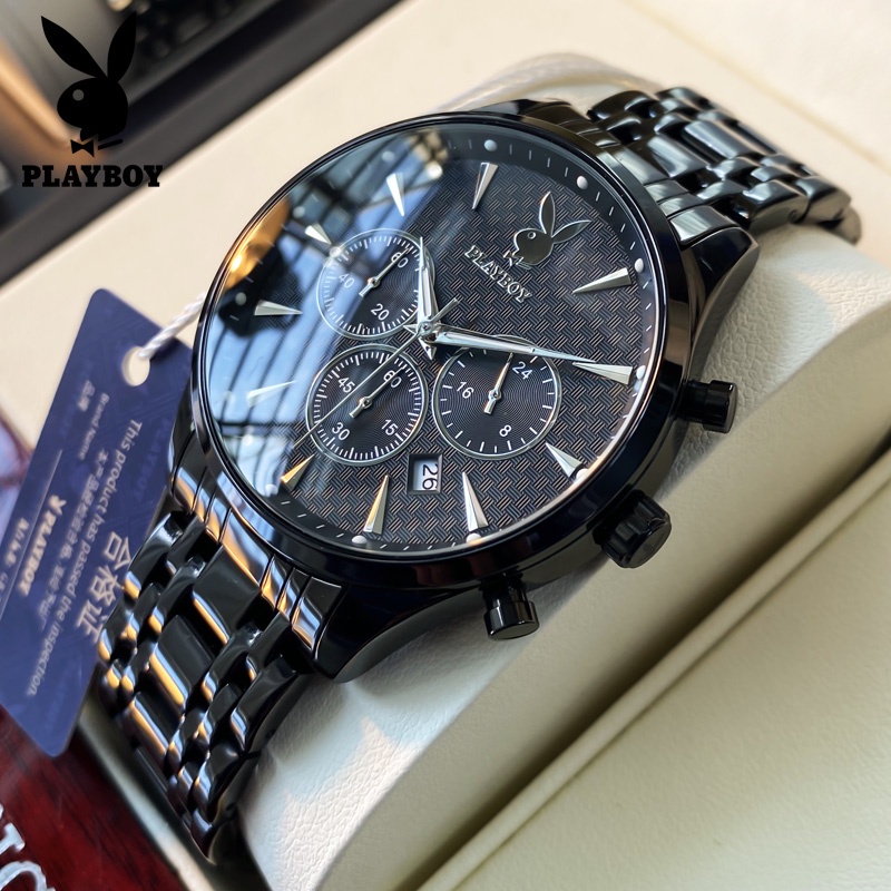 PLAYBOY Jam Tangan Pria Anti Air Original Rantai Keren Terbaru Mewah 2022 Hitam Putih Luxury Stainle