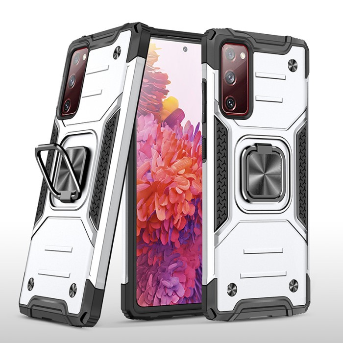 pelindung hp Samsung S20fe - S20 FE RUGBOX Army Military Stand Ring Armor Case - Silver