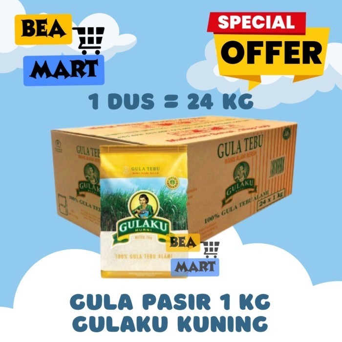 Gula GULAKU KUNING 1kg 1 Dus Isi 24 Pcs | Gula Pasir Premium Sugar Kemasan 1 Dus 24 kg Pak 1 kg | Ma