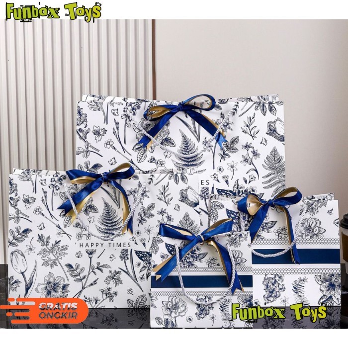 

Paper Bag Nuansa Putih Biru Elegant Premium Goodie Bag Hampers - Happy Times, S 18 x 16 x 10