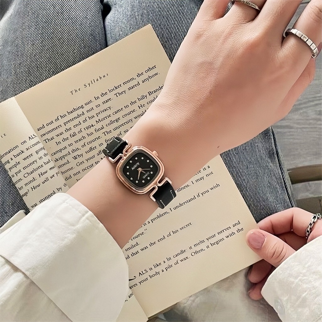 AoIony Jam Tangan Wanita  Anti Air Kuarsa Berlian Warna Hitam Jt-09 Tali Kulit Quartz Watch Retro Fa
