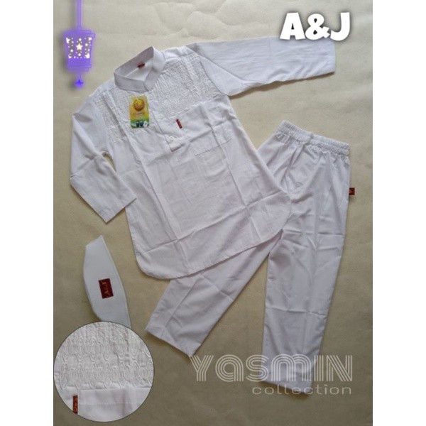 SETELAN BAJU KOKO PUTIH ANAK PAKISTAN A&J LENGAN PANJANG BORDIL /Terbaru