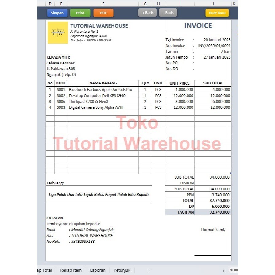Template Excel Invoice Otomatis Simpan ke Arsip, Cetak PDF, Cetak ke Printer
