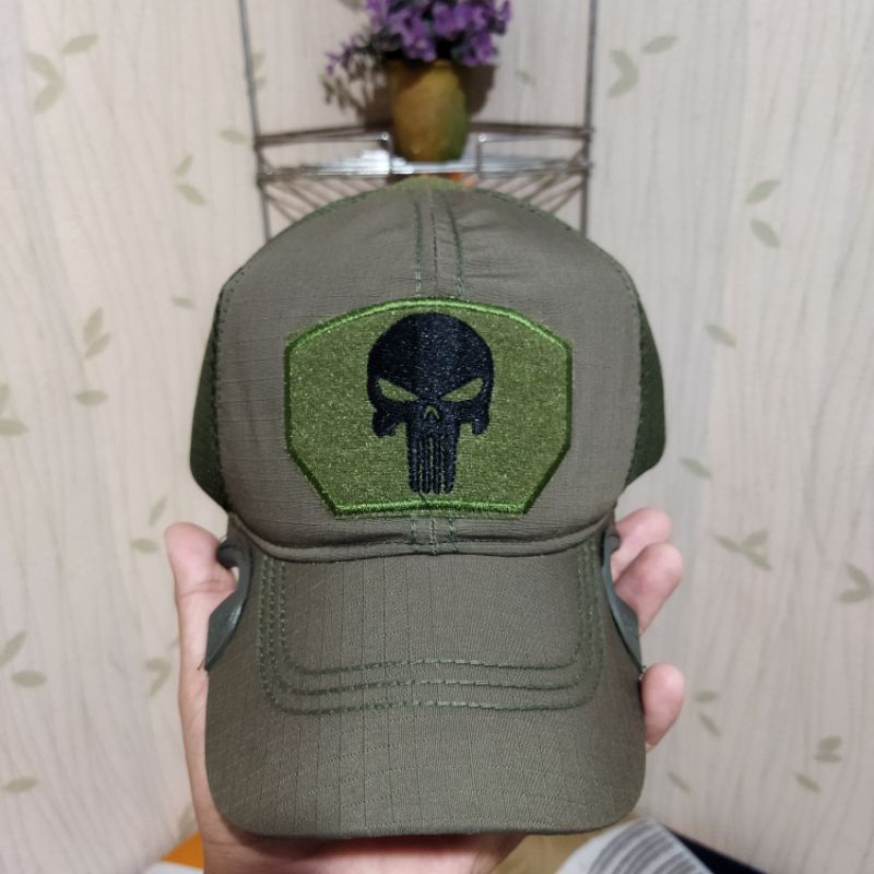 Topi Tactical Bacok Hijau Amry Logo Tengkorak