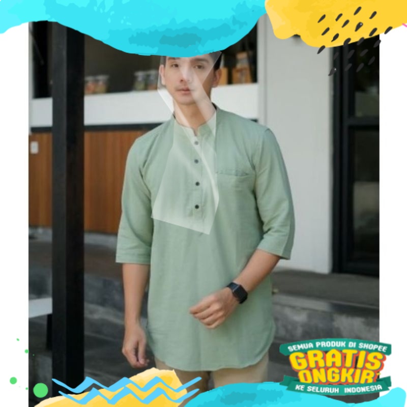 Ondrite Baju Koko Pria Dewasa Kurta Pakistan Long Sleeve Lengan 3/4 Cotton Hijau Sage Size M L XL/ b