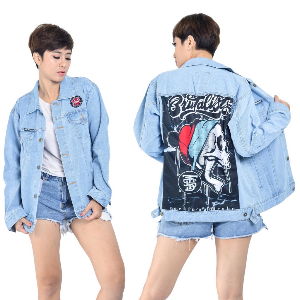 Jaket Jeans Pria Wanita Denim Jacket Full Printing Motif HOODIE SKULL