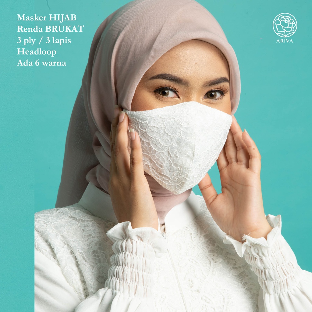 Masker Kain Brukat 3 ply Headloop / Masker Pesta / Masker Headloop Brukat Premium - Putih Tulang