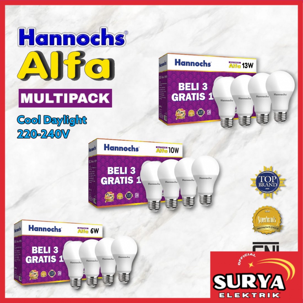 Paket 4 Pcs Bohlam Lampu LED HANNOCHS Alfa Multipack 6 / 10 / 13 Watt