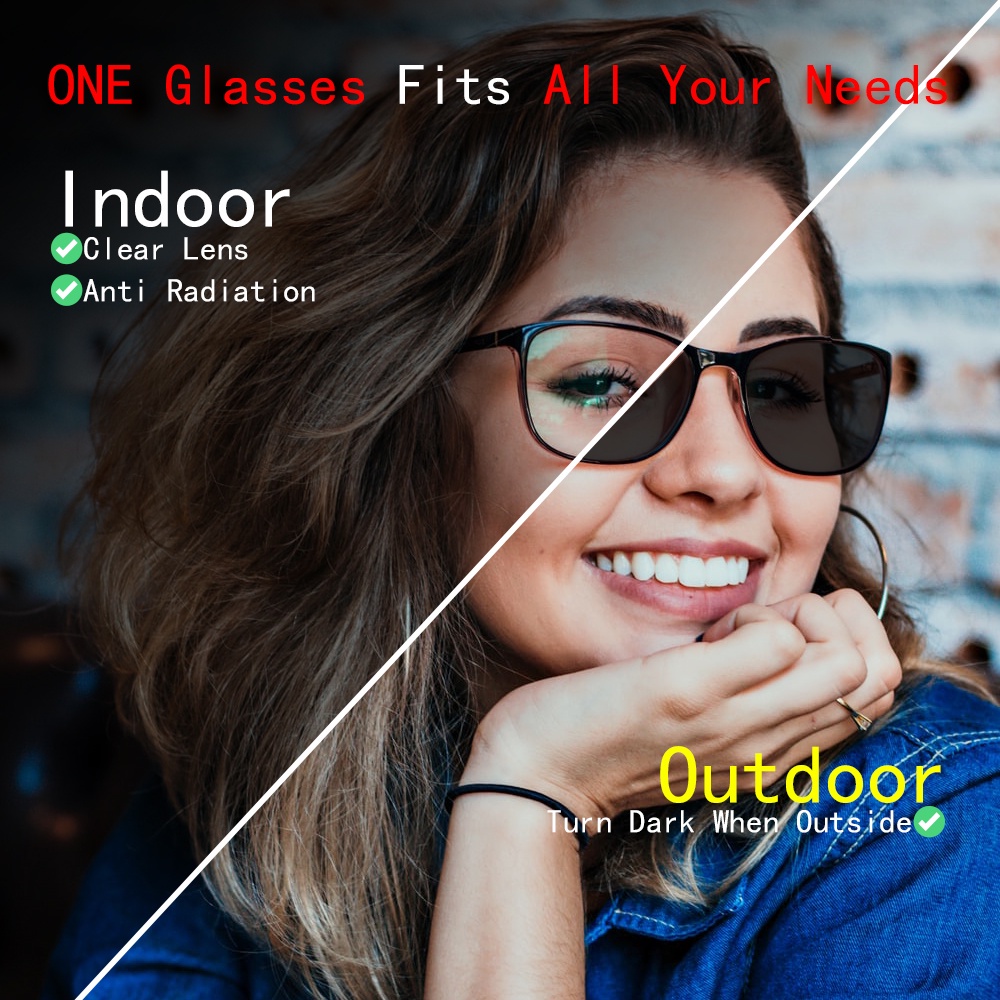 Viendo Kacamata Photocromic Anti Radiasi Blueray Minus Cylinder Fashion Frame Komputer Hp Anti Sinar Matahari Kaca Mata Optik 2 in 1 Bluecromic UV400 Wanita Pria Cowok -1/-1.5/-2/-2.5/-3/-3.5/-4/-4.5/-5/-5.5/-6-7