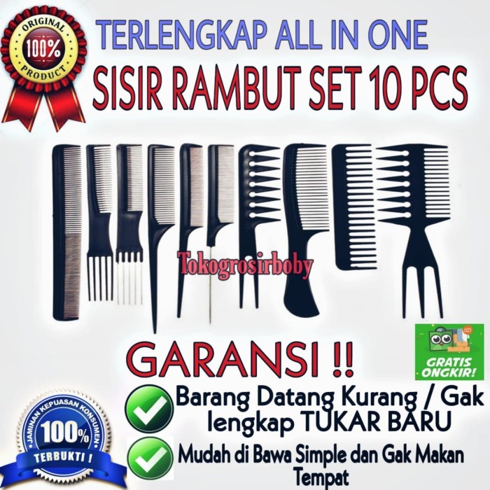 Sisir Rambut Wanita Pria 1 Set Isi 10 Aneka Fungsi Merias dan Menata Warna Hitam
