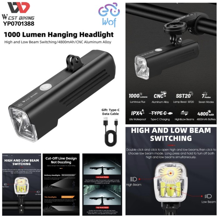 WEST BIKING 388 Lampu Depan Sepeda 1000 LM Lumens Cycling Bicycle Bike Front Lamp Senter YP0701388 B