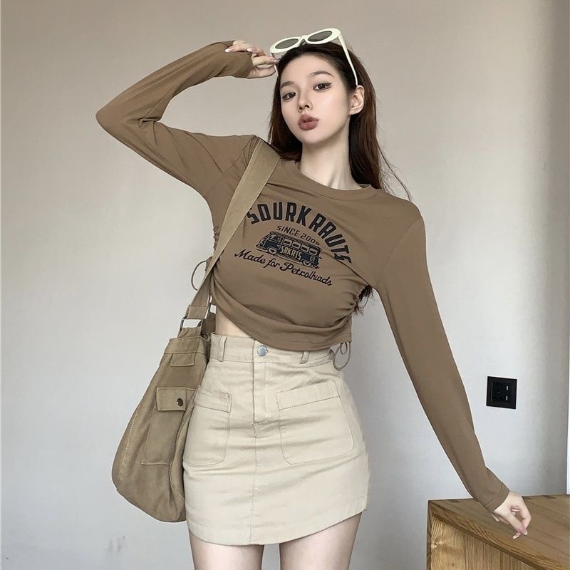 Kaus T-shirt Wanita Lengan Panjang Serut Kemeja Ketat Crop Top