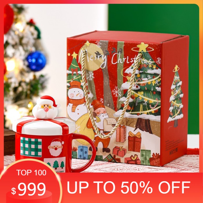 

KADO NATAL. DEKORASI NATAL. Hampers / Gift Set Christmas Cangkir Santa Gift Wrap dengan Tutup - Merah