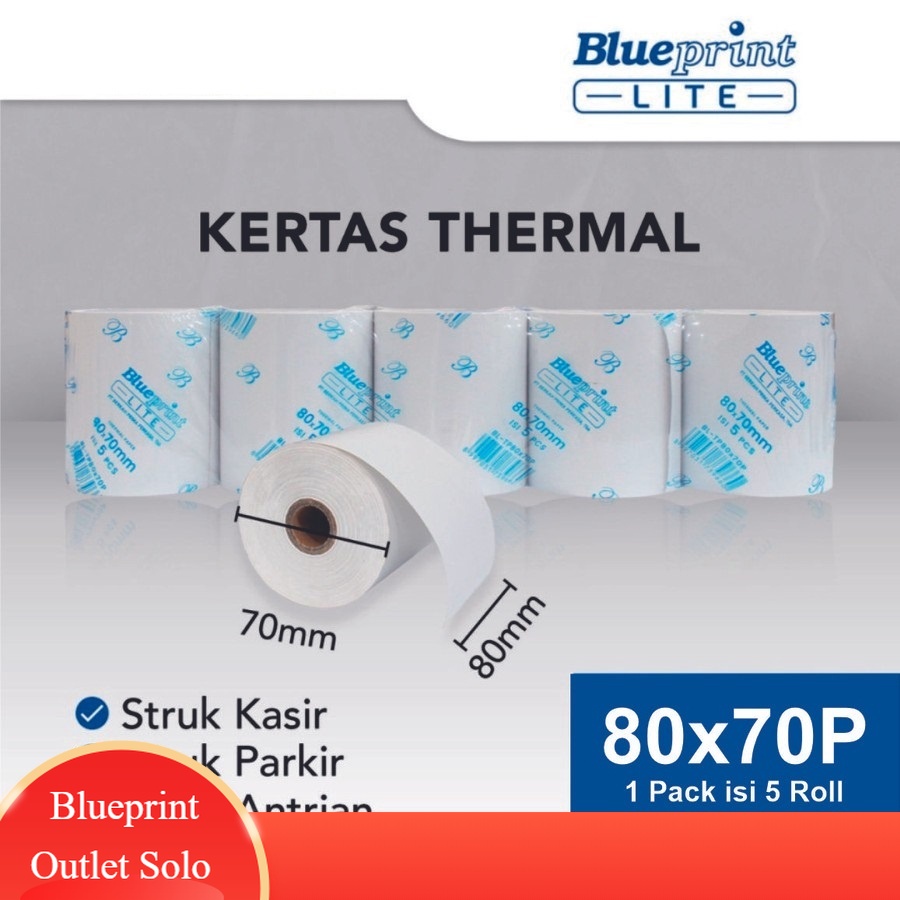 

Paket isi 5 Paper Thermal 80mm Blueprint Lite Kertas Struk 80x70 Faktur Nota Tiket Antrian Karcis Parkir PPOB Blueprint Outlet Solo